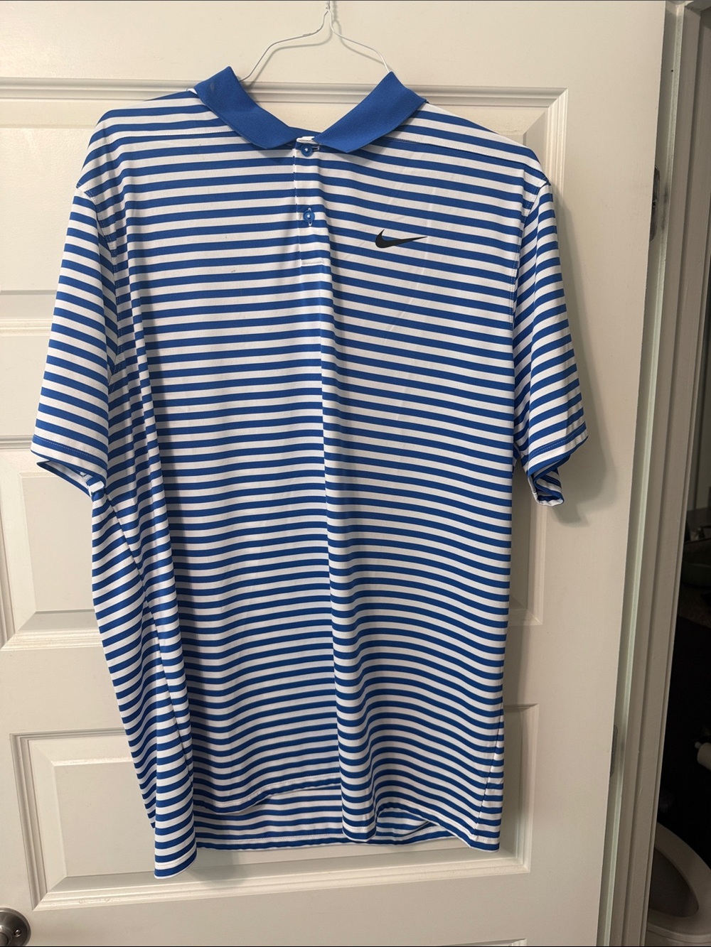 Nike Blue & White Striped Polo with Black Swoosh